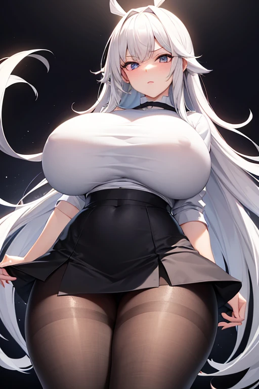 wears a tight skirt, wearing a white shirt,Hyper Largest_boobplate!!