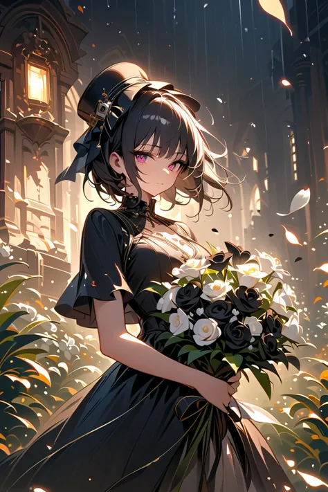 1 girl,, face not shown ,Black gothic dress , black cap ,Bouquet of white flowers,(holding Bouquet of white flowers),stand, hat in front,( Black flower petals floating around in abundance),Rain Of Petals ,, many petals , petals floating in the air ,Art Dec...