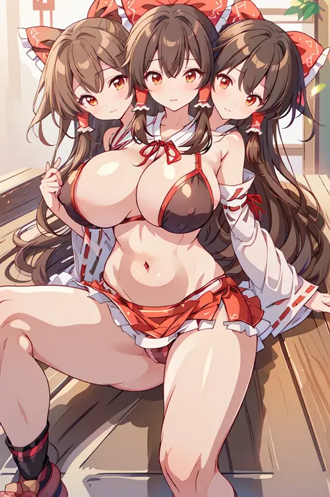 (masterpiece, best quality), best quality, (ultra-detailed), (3heads:1.5), 1girl, (hakurei reimu:1.3), masterpiece, best quality, ultra quality, ultra resolution, ultra detail, red crop top with white, crop top, ((stomach)), midriff, ((groin)), red skirt, ...