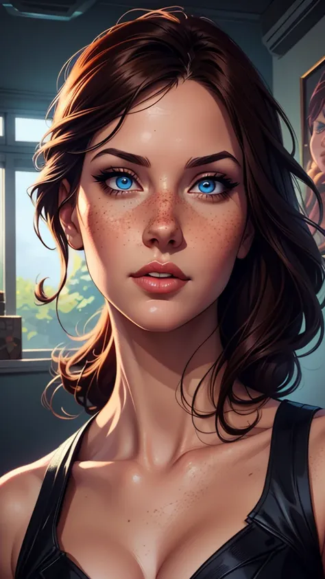 a woman with freckles and a blue eye is shown in three different pictures, neoartcore and charlie bowater, lois van rossdraws, rossdraws 1. 0, charlie bowater art style, rossdraws portrait, realistic art style, stunning digital illustration, realistic digi...