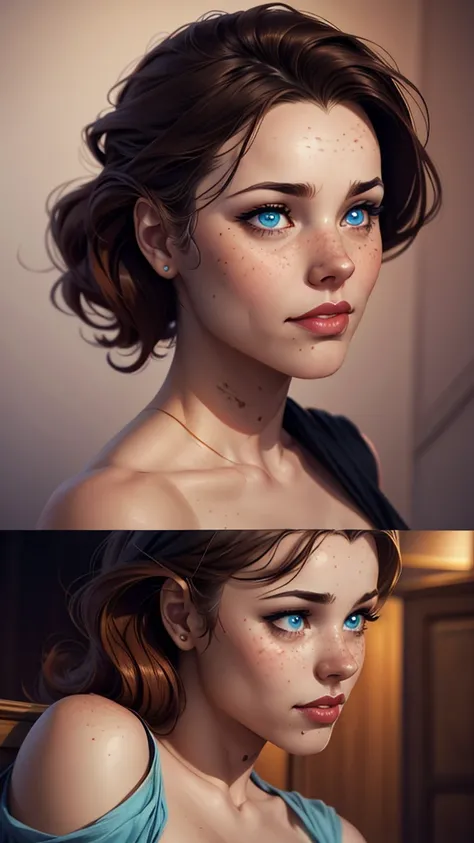 a woman with freckles and a blue eye is shown in three different pictures, neoartcore and charlie bowater, lois van rossdraws, rossdraws 1. 0, charlie bowater art style, rossdraws portrait, realistic art style, stunning digital illustration, realistic digi...