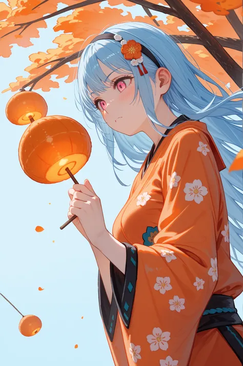 rocbouquet, romancing saga 2, seven heroes, pink eyes, light blue hair, (soft wavy hair:0.5),semi-long hair ,hair ornament, black hairband, (orange furisode, orange kimono, floral print, wide sleeves)
BREAK
25 year old woman、tall woman,medium breasts, slen...