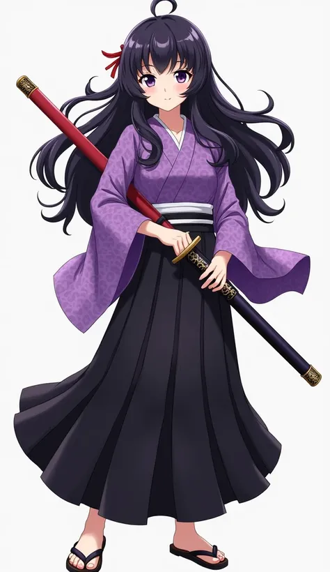 Teenage anime .  She wears a purple-toned kimono with a geometric pattern and a black hakama.  She has a white belt fitted at the waist . The hair is long, wavy,  and dark in color with reddish reflections .  She holds a katana with a decorated handle and ...