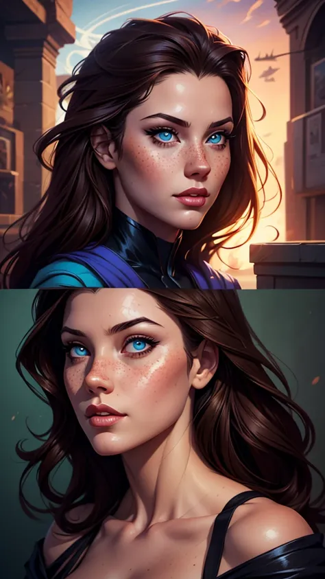 a woman with freckles and a blue eye is shown in three different pictures, neoartcore and charlie bowater, lois van rossdraws, rossdraws 1. 0, charlie bowater art style, rossdraws portrait, realistic art style, stunning digital illustration, realistic digi...