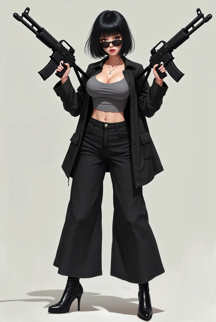  Girl Teen,  big breasts, fit,  sexy,  Holding Twin Shotguns ,  short black hair, Black eyes, Sunglasses, แว่นBlack eyes, Gray shirt, Low Waist,  Black Jacket ,  Black Long Legged Jeans,  black leather shoes, High heels, Drag Weapon Box 