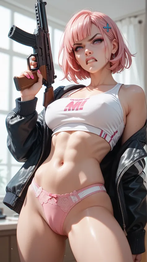 Woman underwear pink, aim gun at you angry