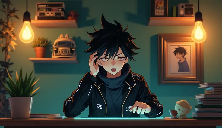 Create an image of a young male anime character
sitting at a modern desk, wearing a black
futuristic jacket with glowing circuit patterns. The
character has spiky black hair and One hand will be on his ear and the other hand will be in front of him to show...