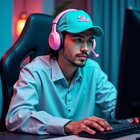 a handsome adult indonesian man wearing a turquoise cap with text "Slur", wearing pastel blue office shirt and white long trousers, wearing pink headset, playing pc games with keyboard and mouse, in a gaming room 