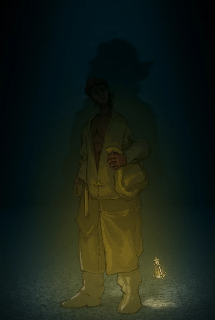 "Ratan looks down in shock, realizing his shadow has disappeared. He wears a yellow outfit and stands in the faint light of the lantern. The ground is dark, and his expression is filled with growing fear."
