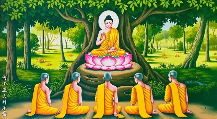 Lord buddha teaching five monks
