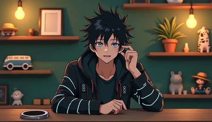 Create an image of a young male anime character
sitting at a modern desk, wearing a black
futuristic jacket with glowing circuit patterns. The
character has spiky black hair and One hand will be on his ear and the other hand will be in front of him to show...