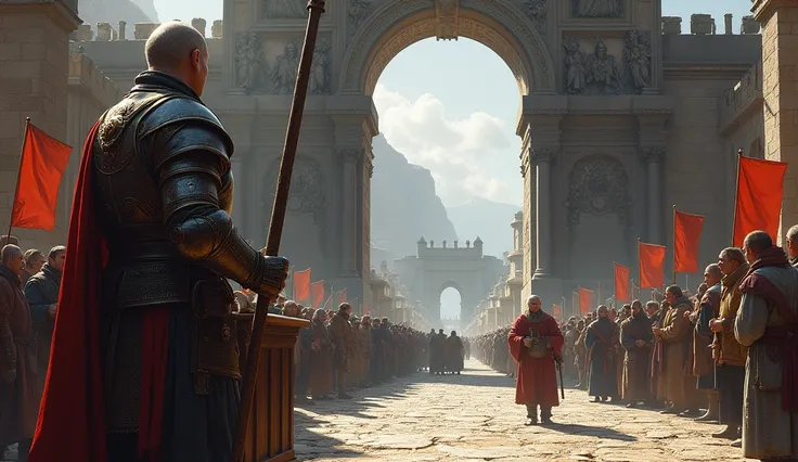 "An imposing guard stands in front of a massive, ornate kingdom gate, inspecting travelers and their belongings. The guard wears worn, heavy armor and holds a spear in one hand, with a small wooden inspection table beside him. The towering gate is intricat...