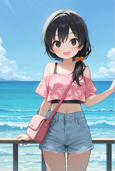 A cute girl with black hair, fair skin, tall girl, , black hair, one short low ponytail, pitch black eyes, Sea patterns crop top, Smiling cheerfully, open mouth, cute blush, Short jeans, pink shoulder bag, primary 5, at sea, hyper positive