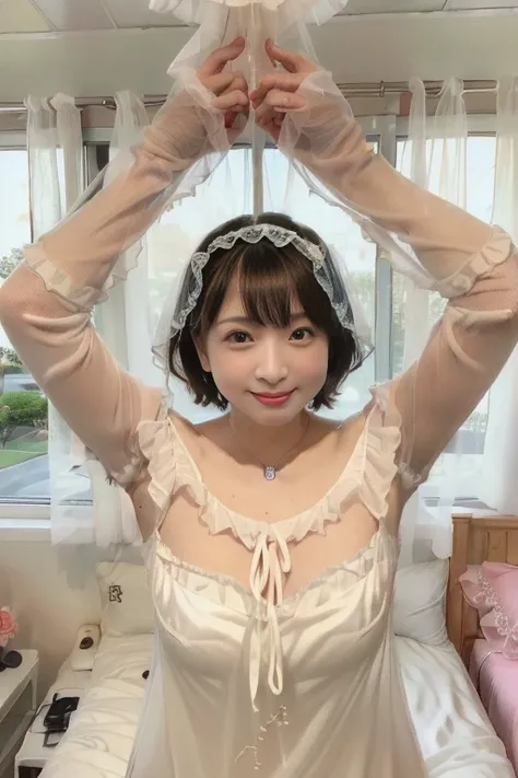 3 people、 attractive woman,50 years old、(((Bedroom at night))),(((Very young daughter and Mother in her 50s))) , (((Thin fabric dress))), frilly dress,((silk negligee)), long gloves,chubby、 Big Breasts, ((transparent wedding dress)), ((Veil)), sexy underwe...