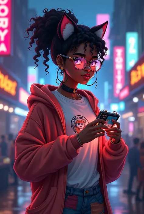 "A young Black woman in her early 20s with dark brown skin and wild, curly hair tied back with a makeshift circuit wire. She wears oversized glasses with a custom high-tech HUD display, glowing faintly with data readouts. Nova is dressed in an oversized gr...