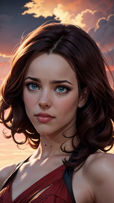 a close up of a woman in a red dress with sky background, alena aenami and germ of art, beautiful digital art, germ of art julie bell beeple,  hyper-realistic fantasy art ,  beautiful character painting , germ of art detailed, extremely detailed germ of ar...