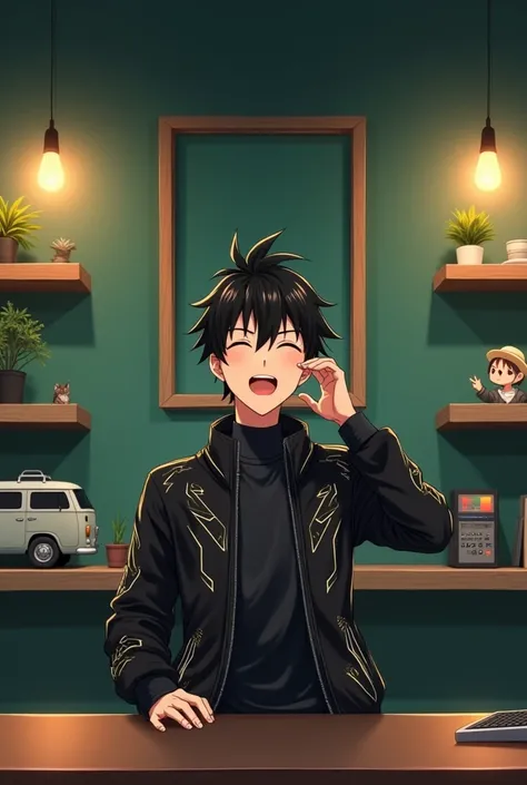 Create an image of a young male anime character
sitting at a modern desk, wearing a black
futuristic jacket with glowing circuit patterns. The
character has spiky black hair and One hand will be on his ear and the other hand will be in front of him to show...