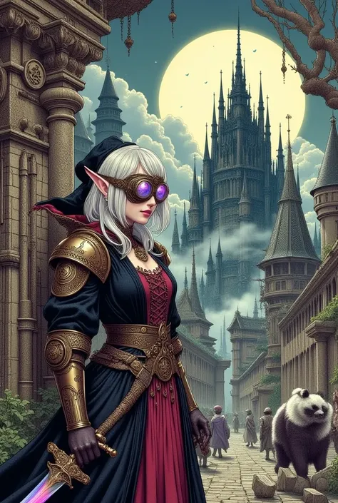 (Ultra-detailed face, Looking away, Fantasy Illustration with Gothic, Dark tone colors.), BREAK 
(This is the world of Eberron. On a high plateau flanked on the west and south by the Dagger River in Breland, one of the five countries of the Corvair contine...