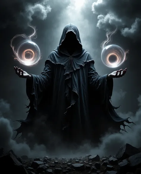 This is a dramatic, CGI-generated image depicting a powerful, mystical scene steeped in void-like darkness. The central figure is an imposing, hooded entity, draped in a tattered cloak that billows eerily around them, as if alive with the essence of shadow...