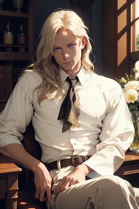 1 man, Realistic, master-piece, bestquality, Beautiful, detailed eyes and detailed faces.,natural light, Medieval Fantasy, European retro, White shirt, lace, Long dark golden hair, blue eyes, attractive, depressed, Decorative flowers, sunbeam. Seated in hi...