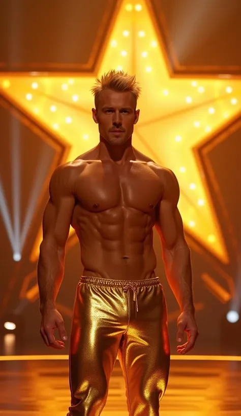  A tanned man with short golden hair that shines like the sun . He is shirtless,  with a defined chest that reflects subtle golden lights .  He wears tight gold pants made of light fabric that discreetly reflect light.  He is on stage at Americas Got Talen...