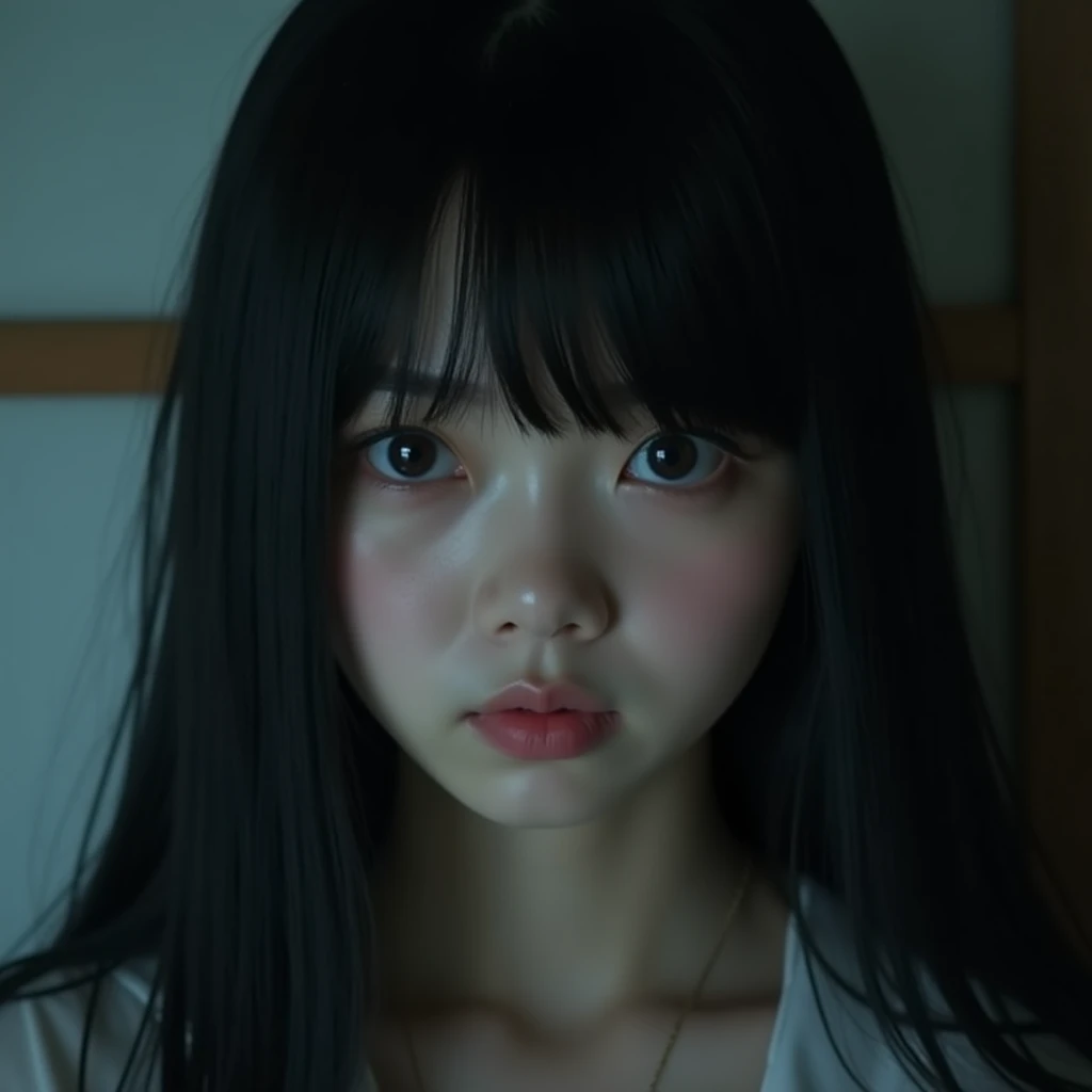 (masterpiece:1.3), (8k, Realistic, RAW Photos, highest quality: 1.4), (1 Japanese adult woman), ((Sadako)), Beautiful Face, (Realistic Face), (Black hair straight, Long Hair:1.5), Beautiful hairstyle, ((The face is hidden by bangs:1.4)), Realistic eyes, ((...