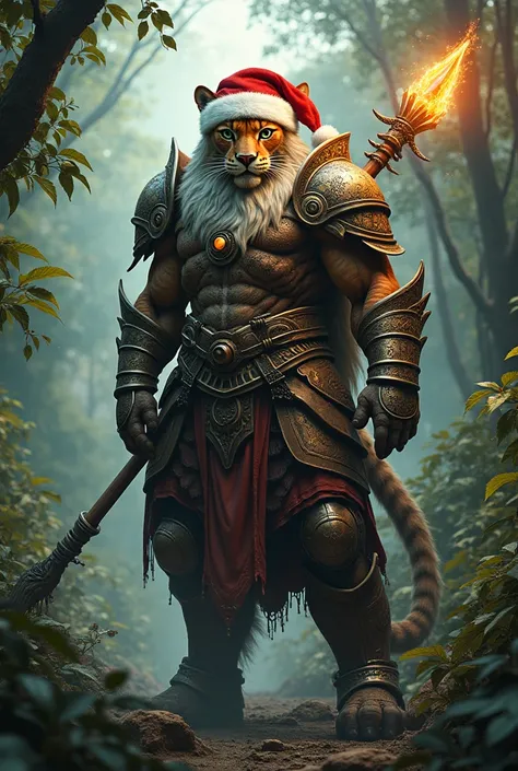  A hybrid jaguar featuring a muscular man in armor standing in the jungle with a spear with fire around the tip of the spear, with a Santa Claus hat and a white beard  