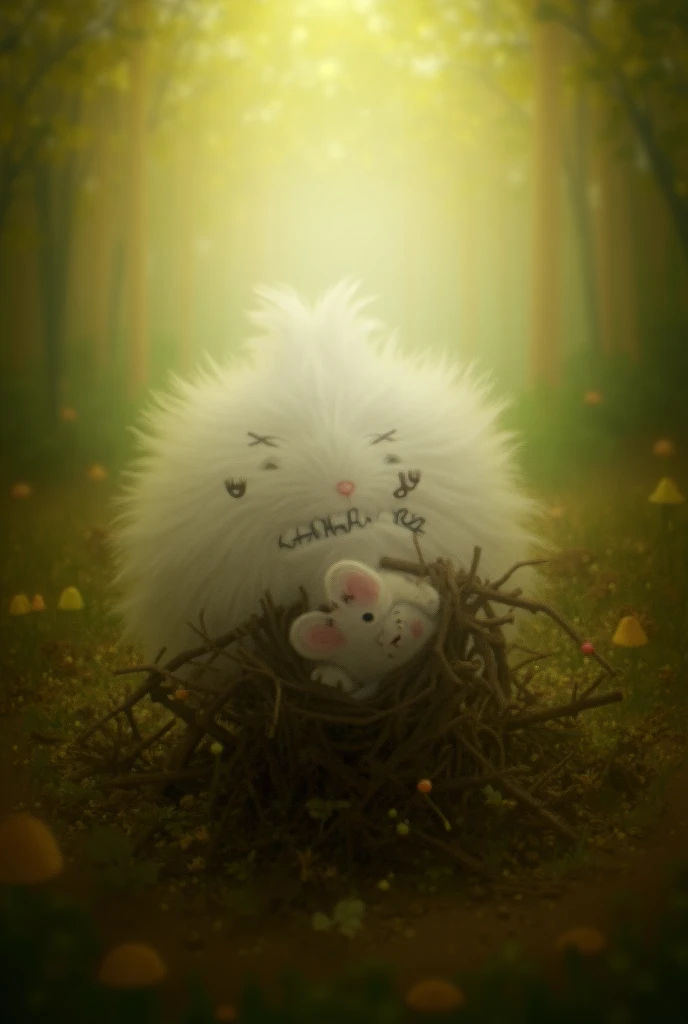 A fluffy white rabbit with soft, round features and large, dark, expressive eyes is frantically digging and pushing heavy branches to free a small baby panda. The baby panda has a round face with big, teary eyes, dirt smudges on his soft, black-and-white f...