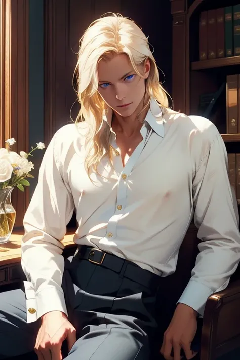 1 man, Realistic, master-piece, bestquality, Beautiful, detailed eyes and detailed faces.,natural light, Medieval Fantasy, European retro, White shirt, lace, Long dark golden hair, blue eyes, attractive, depressed, Decorative flowers, sunbeam. Seated in hi...