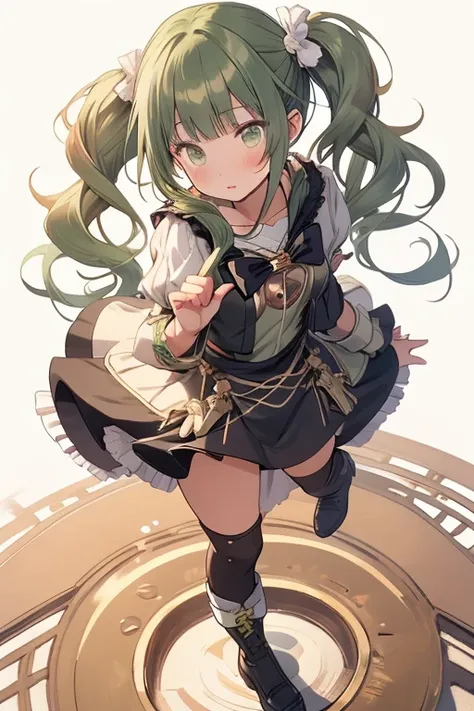 (masterpiece), (best quality), detailed,
1 girl, soro, twintails, long wavy hair twintails.hairs between eyes,dark green eyes ,dark green hair, (magical girl:1.2),
bow, dress, (pink:0.6), over legwear, boots, too many frills, too many bow, standing,striped...