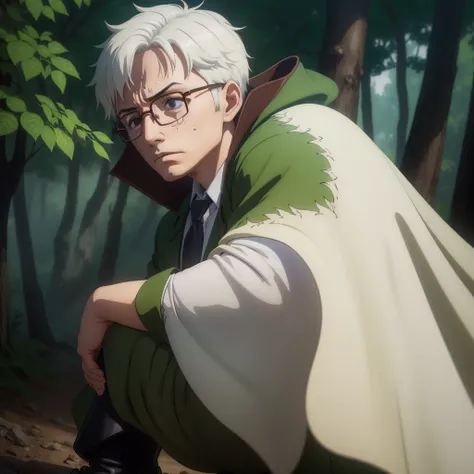 Boy、big round glasses、adventurer、、、、head down、lose、guilty、despondency、sad、repression、guilt、betrayal、chill、hurt、make up for、forgive、rounded glasses、green cape、full body、brown coat、white shirt、green tie、brown shorts、black boots、dynamic pose、1 person、splash a...