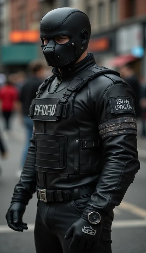 一個肌肉發達的成年男性的Full body image。 Mens Wear Police Tactical Clothing Tactical Equipment Police Tactical Unit，PTU 黑色皮革Full body image、 mask and mask . Wearing Police Leather Jacket ， Leggings Leather suitable for covering the whole body 。  smooth leather 。   Dar...