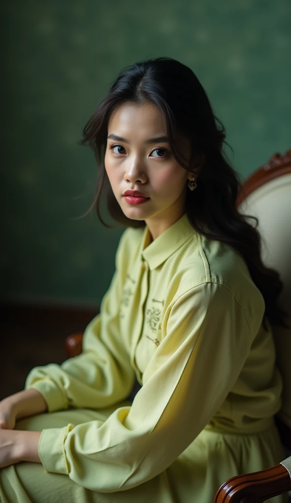  a stunningly beautiful Malay young woman sits on a chair looking at the camera creepily, she wears a traditional kebaya in pastel yellow and olive green, nostalgic core, bokeh, high contrast portrait, --ar 2:3 , 