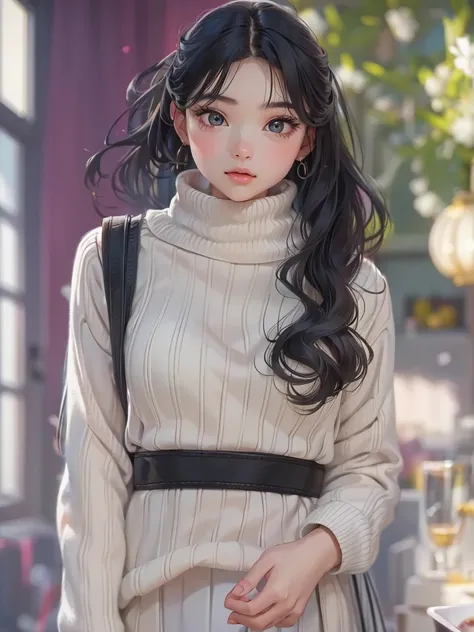 Hyper-realistic,a beautiful young girl, 15歳、detailed face, long black hair, wearing a thin white sweater, 立って、 amazing high definition painting