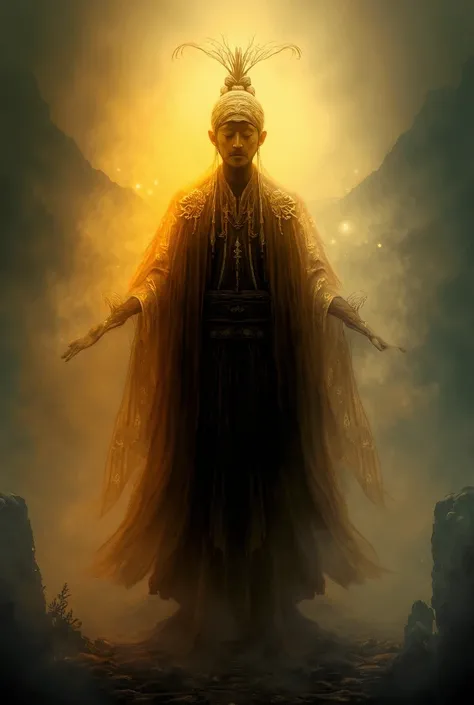 A powerful male cultivator inspired by Daoist philosophy, mastering the Dao of shadows and light. They are the central focus, standing in a commanding pose amidst a mystical and serene landscape. Their figure radiates an aura of duality, with one side illu...