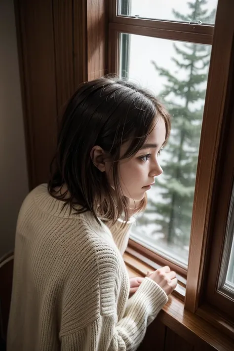  A person or woman alone in a cozy environment, looking out the window or at a photo album .