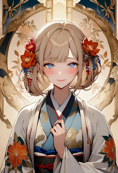 slender, mature female, 1girl,  wearing a traditional Japanese kimono. The kimono is light blue with intricate patterns of red and orange flowers.  The style is elegant and detailed.  The girl has long, light brown hair with bangs, styled to frame her face...