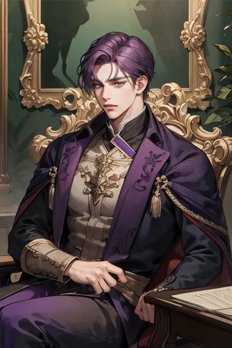 (Best quality),adult,1 manly, male, mature, very tall, elegant, (((very short dark purple hair))), green mint eyes, perfect eyes, dark purple hair, medieval fantasy style,  richly textured background, soft lighting, portrait style, painting style, deep col...