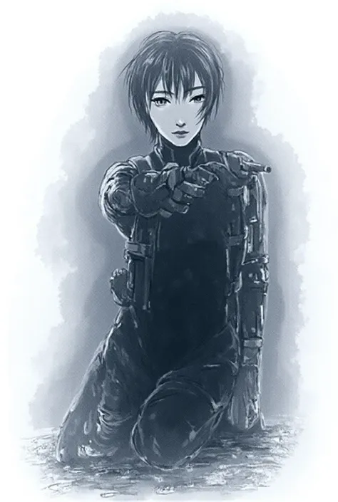 ( masterpiece ,  Distinguished Quality  , similar to a mirror , cinematic experience , incredibly detailed ,absurdities),8k,wallpaper,,( best illustrations :2.0),(a woman:2.0),(Motoko Kusanagi:2.0),(  Ghost in Shell  :2.0),(Black tactical bodysuit:2.0),(He...