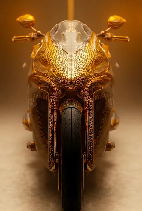 A VIP luxury motorbike with a gold-plated front side, showcasing a futuristic and elegant design. The motorbike features intricate details, diamond-studded accents, and sleek curves. Its golden parts shine brightly with a premium metallic finish, highlight...