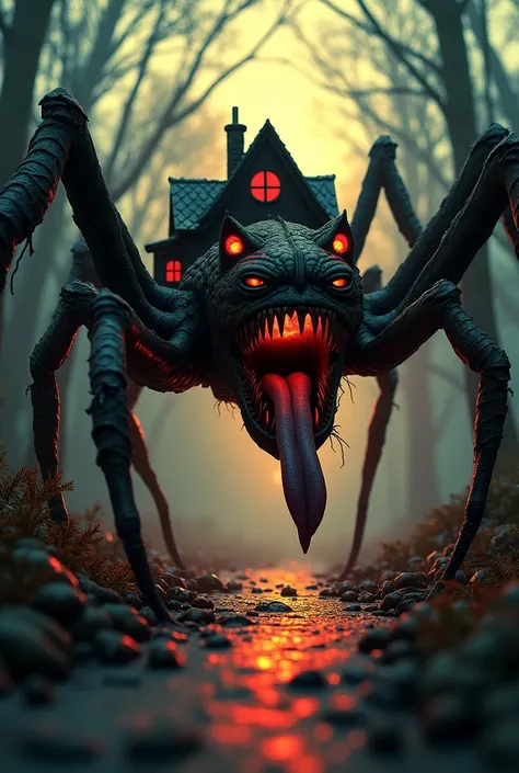 In cinematic 3D style, HD image, realistic image ,colourful image.A haunted house designed as a monstrous spider-like creature. The house has glowing red windows that resemble menacing eyes, sharp, jagged teeth forming the mouth of the structure, and a lon...