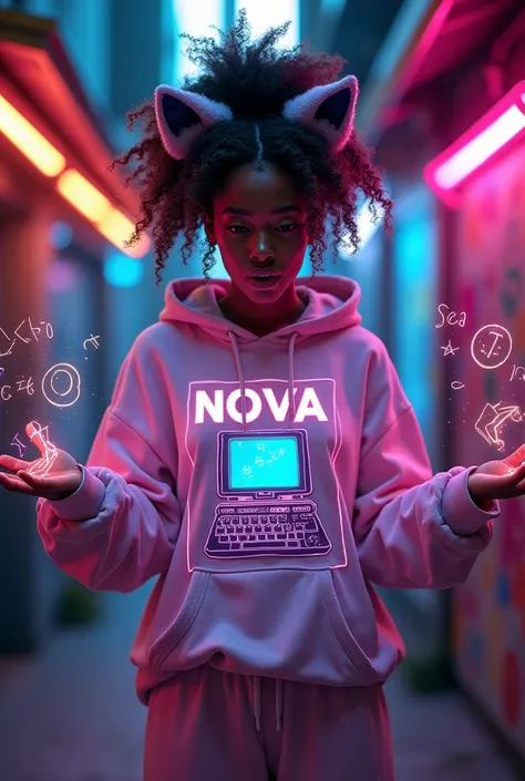 "A young Black woman in her early 20s with dark brown skin and wild, curly hair tied back with a makeshift circuit wire, standing in an alley illuminated by neon city lights. Nova is wearing an oversized graphic t-shirt with a retro computer logo, pajama b...