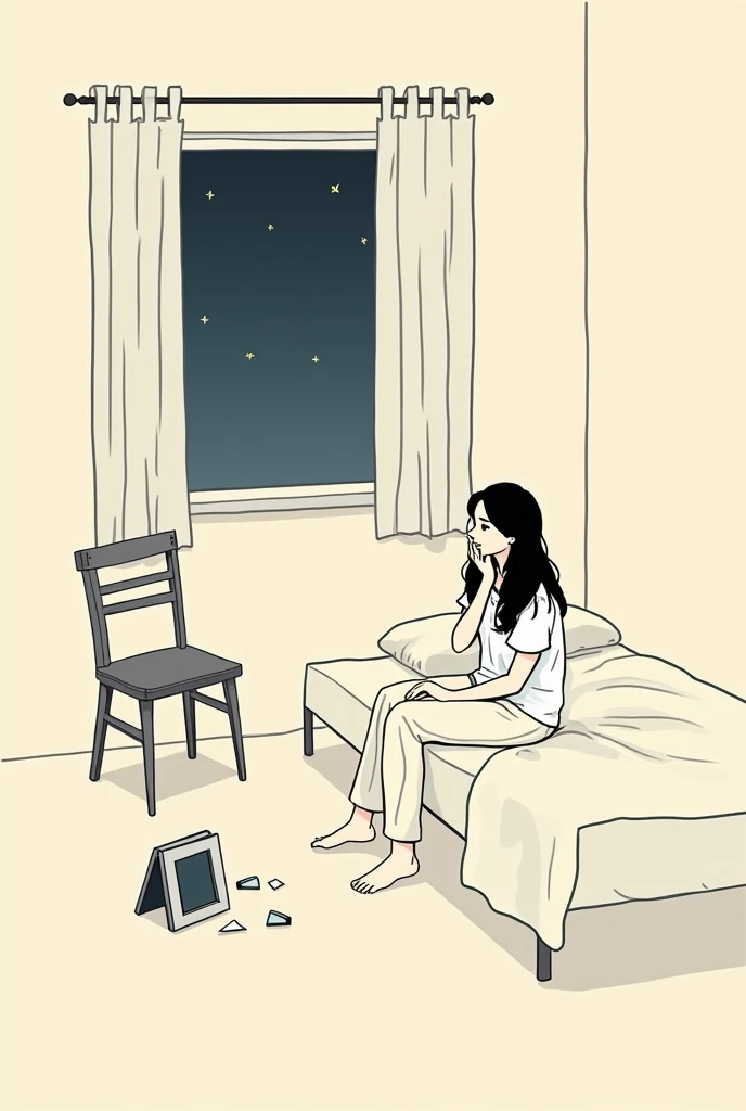  A minimalist and clear illustration ,  with black strokes thin and defined on a soft beige or cream background .  The scene shows a young woman ,  sitting on the edge of a simple bed ,  with a melancholic posture :  the slightly hunched shoulders ,  a han...