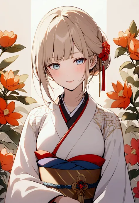 slender, mature female, 1girl,  wearing a traditional Japanese kimono. The kimono is light blue with intricate patterns of red and orange flowers.  The style is elegant and detailed.  The girl has long, light brown hair with bangs, styled to frame her face...