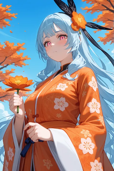 rocbouquet, romancing saga 2, seven heroes, pink eyes, light blue hair, (soft wavy hair:0.5),semi-long hair ,hair ornament, black hairband, (orange furisode, orange kimono, floral print, wide sleeves)
BREAK
25 year old woman、tall woman,medium breasts, slen...