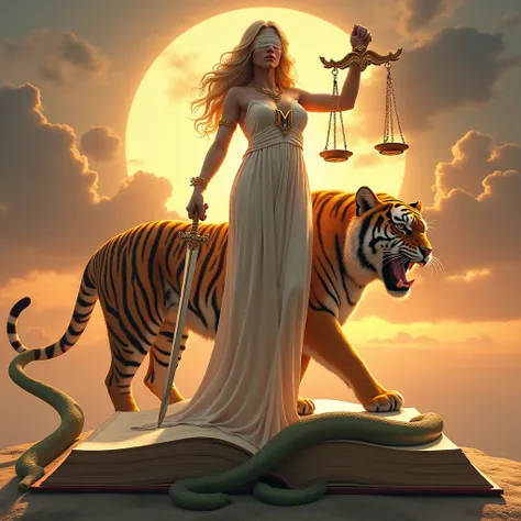  The Goddess Themis of Justice,  with a curvaceous body and showing her wide hips , and sturdy legs ,  and with long, wavy gold-colored hair , and wearing a white dress , and with soft and smooth skin ,  with the other hand and holding a long sword , and h...