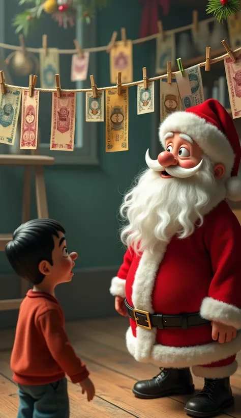 "A humorous scene of Monu explaining to Santa Claus that the currency notes hanging on the line are actually his clothes, with Santa looking baffled." Real footage 