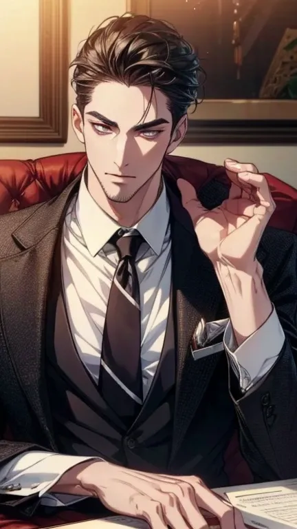 (best quality,4k,8k,highres,masterpiece:1.2),ultra-detailed,(realistic,photorealistic,photo-realistic:1.37),36 year old man,3 day beard,handsome anime,portraits,strong,masculine,dark hair,sharp jawline,mesmerizing eyes,perfectly styled hair,cool anime outf...