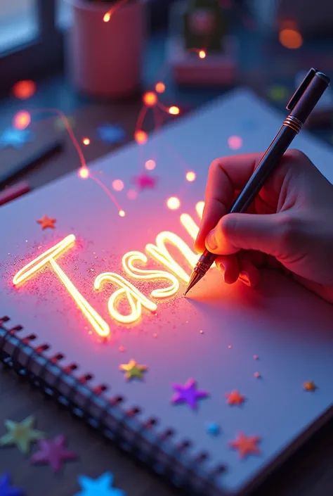 A 4K digital illustration of a talented artist passionately crafting the name "Tasnim" with a magical pen. The name creation bursts into a dazzling display of creativity, highlighting the artists unparalleled expertise. The artists hand is intricately depi...