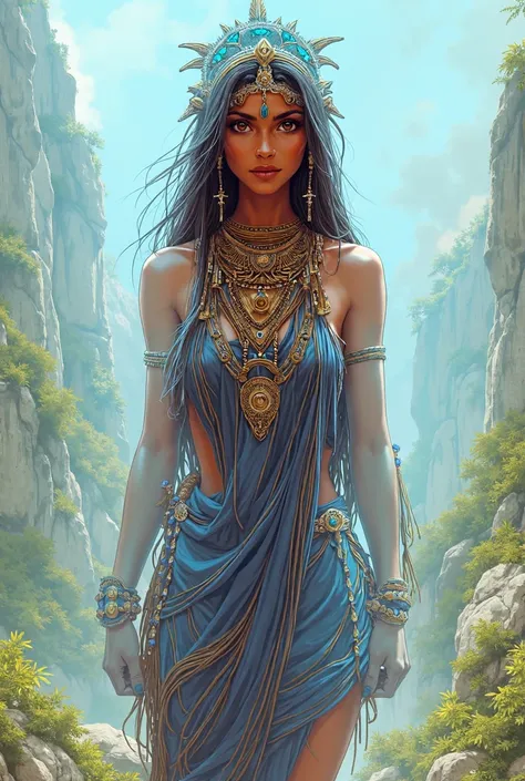  a tribal princess and prehistory of ancient Greece, wearing blue clothing ,  anime style .

